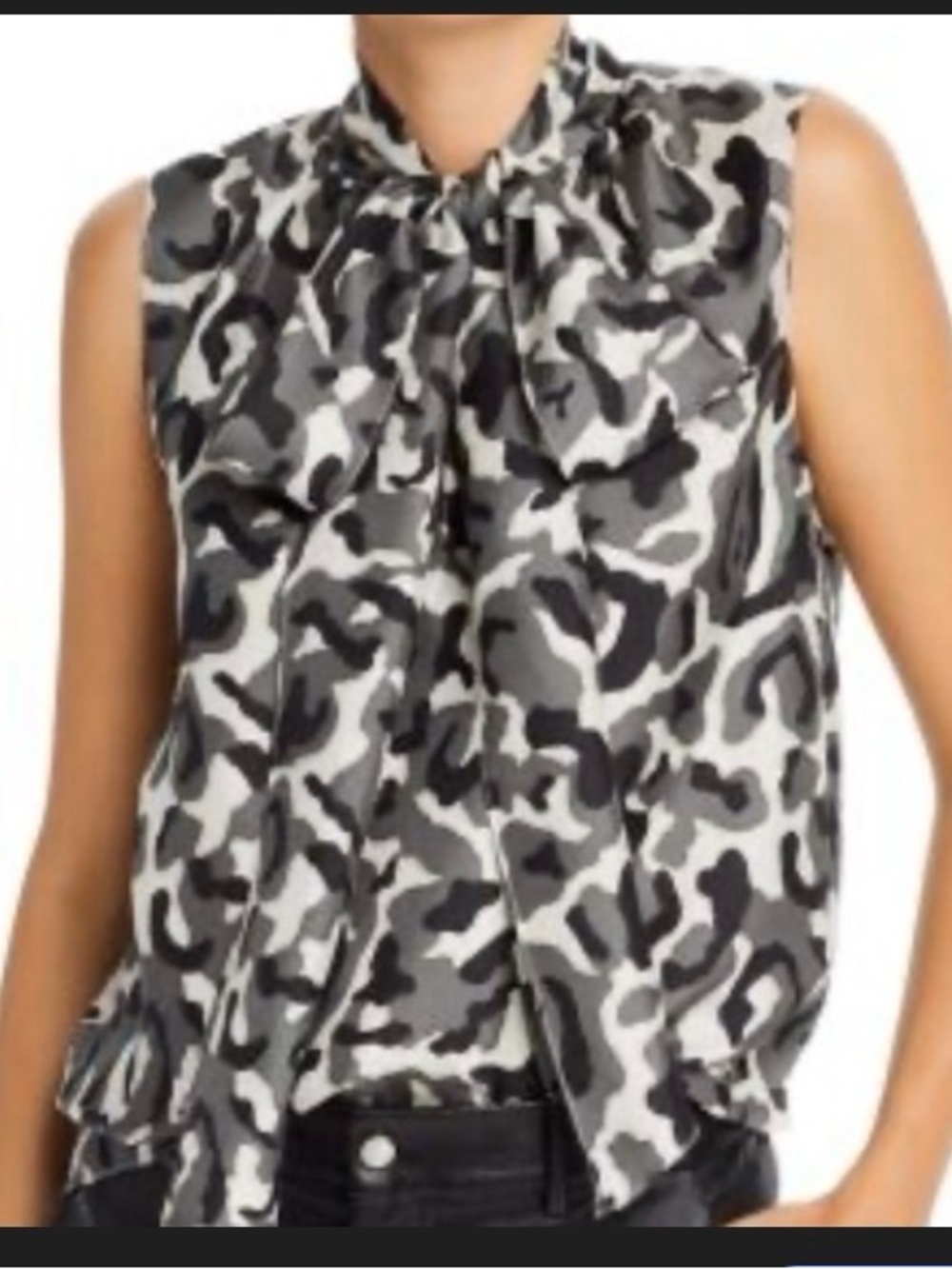 Theory Sleeveless Tie-Neck Camo Print Top - S Black & Taupe Gray, silk
